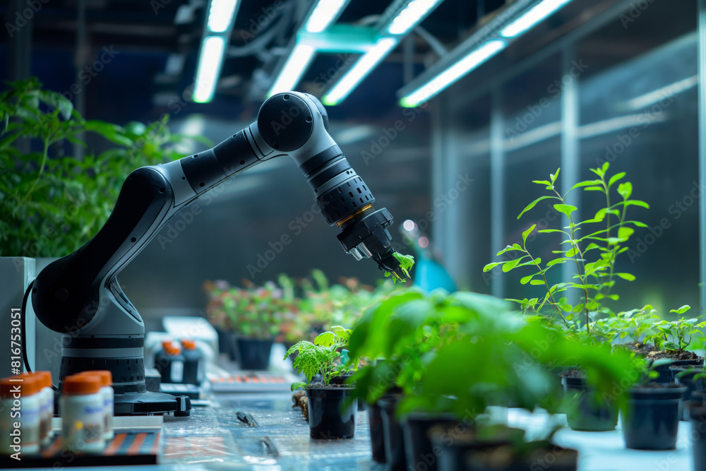 Poster robotic arm conducts precise manipulation of plant samples in a high-tech laboratory setting