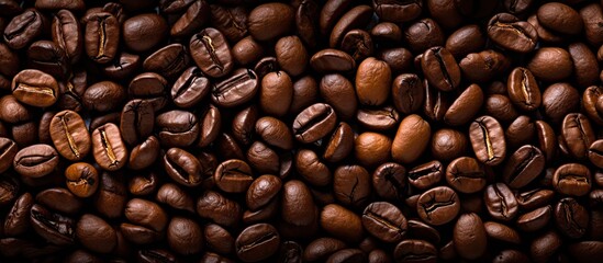 Fototapeta premium Background of roasted dark coffee beans with copy space image