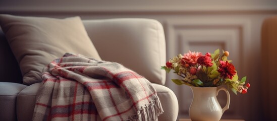 A cozy home interior with a beautiful flower in a potted plant and a sofa covered with a plaid blanket Copy space image