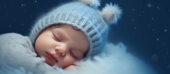 A cozy newborn baby only 2 weeks old peacefully slumbers on a soft blue fluffy blanket while wearing an adorable woolen hat The surrounding space is ideal for capturing stunning images
