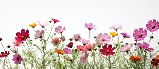 Colorful cosmos flowers with green stems are in full bloom creating a beautiful display in the field With a white background this copy space image captures the vibrant essence of the meadow