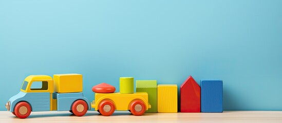 Colorful blocks a wooden train and a toy car on a blue and yellow background This copy space image showcases baby kids toys