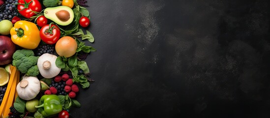 A collection of healthy vegetables and fruits is displayed on a black cement or stone background offering a visually appealing copy space image from a top down perspective © StockKing