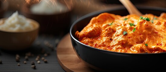 Closeup of a spoon with a delicious butter chicken dish served over a bowl of meal featuring copy...