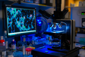 Fototapeta premium Close-up of a high-tech robotic microscope with an analysis display in a scientific lab environment