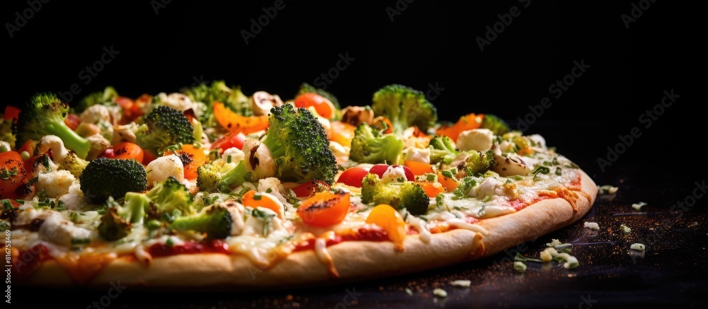 Poster a close up photo of a veggie cheese pizza with toppings like olives bell pepper broccoli and onion c