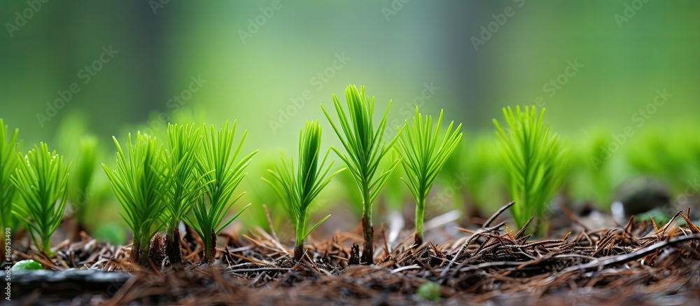 Poster close up image of young pine shoots and needles with empty space for copy
