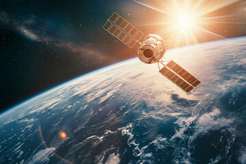 Inspiring image of a satellite as it enters space, with the sun shining in the background