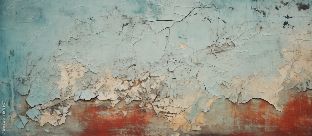 Poster close up image of a cracked and peeling painted wall creating an abstract background with copy space