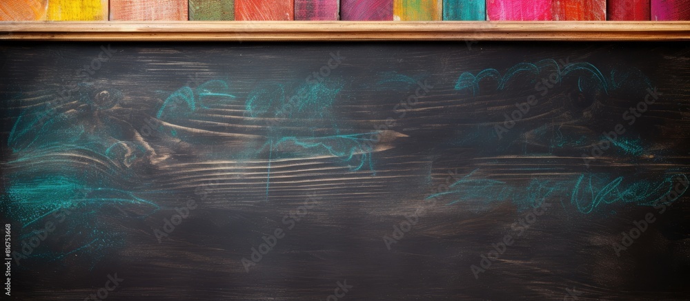 Poster close up of a wooden background with an empty blackboard and colorful chalks perfect for a copy spac