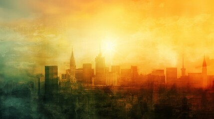 Fototapeta premium Vibrant abstract urban sunrise cityscape illustration with orange and yellow sunlight glowing over the modern skyline, creating a colorful and artistic background