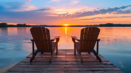 Photo of Two Wooden Chairs on a Dock Overlooking a Lake at Sunset