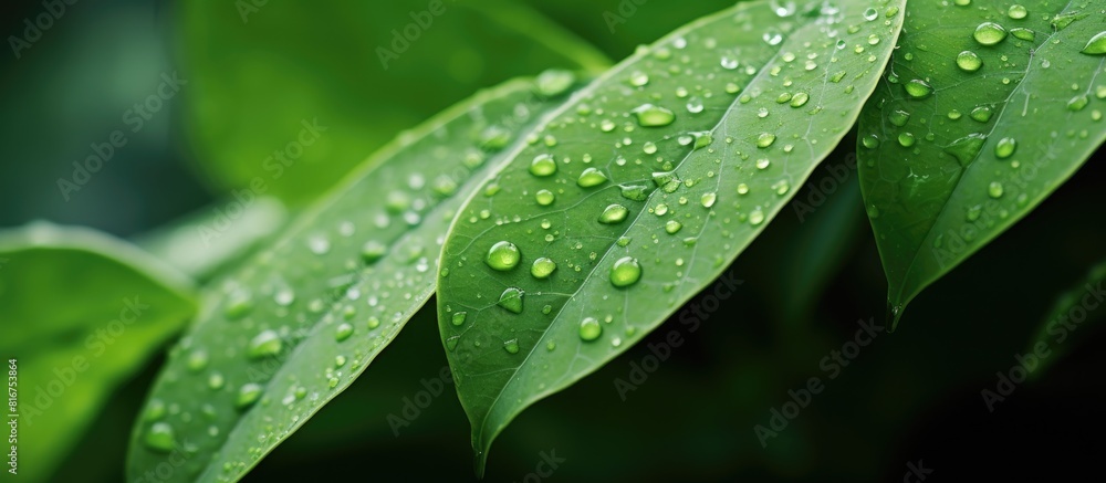 Poster a copy space image capturing the texture and background of raindrops on lush green leaves