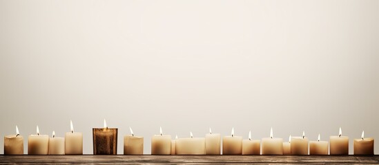 A copy space image of candles burning in dark wooden candlesticks on a white table