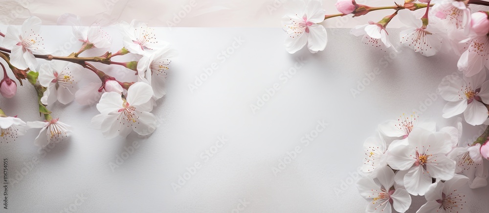 Aufkleber cherry blossoms surrounding a paper sheet with empty space in the background. copyspace image