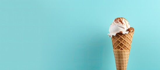 Blue background with copy space image of ice cream with a waffle