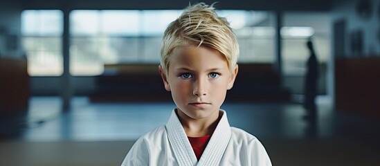 Little blond boy wearing a kimono stands in the gym looking directly at the camera The image has sufficient copy space - Powered by Adobe