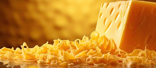 A block of cheese rests on a background of shredded cheddar cheese providing an ideal space for your snack message. Copyspace image
