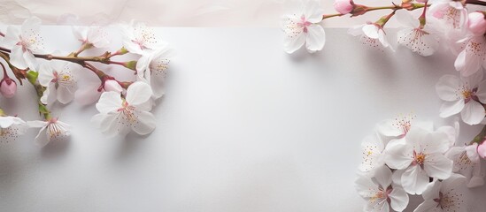 Cherry blossoms surrounding a paper sheet with empty space in the background. Copyspace image