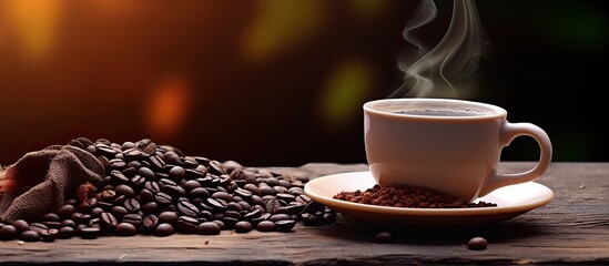 A beautifully crafted ceramic coffee cup accompanied by a kettle and a blend of aromatic coffee beans creating an exquisite copy space image - Powered by Adobe