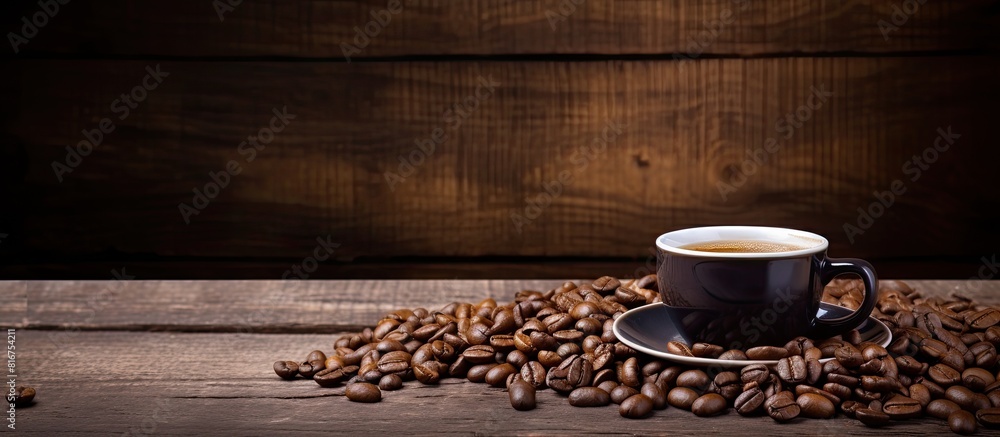 Aufkleber an image of a cup of coffee and coffee beans on an aged wooden surface with empty space for text or 
