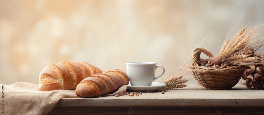 Poster on the table there is a basket with coffee and bread creating a cozy scene for enjoying breakfast or