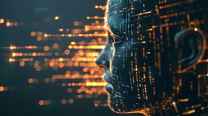 Naklejka premium Side profile of a futuristic artificial intelligence computer head with glowing lines and data