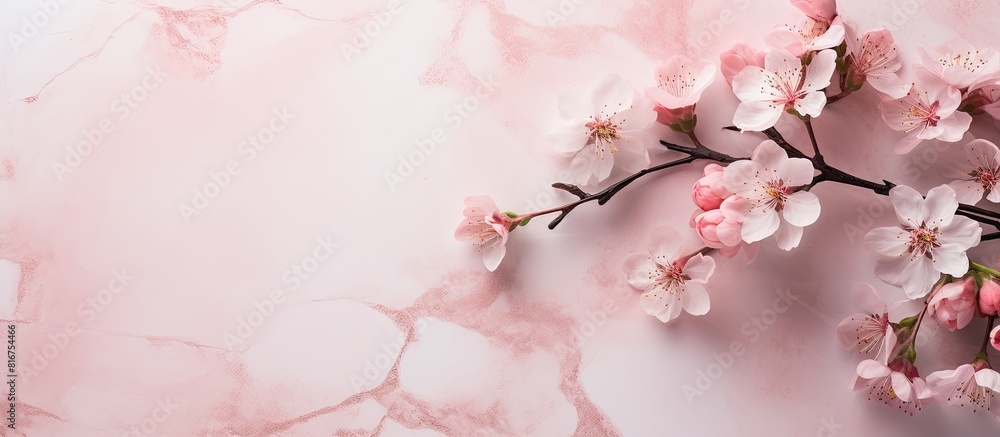 Poster a flower arrangement featuring spring branches of a blooming apple tree on a pastel pink marble back