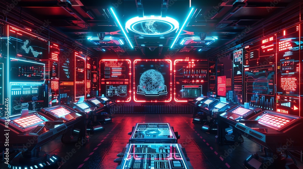 Poster a futuristic cybersecurity control room where biometric data is analyzed in a virtual reality enviro
