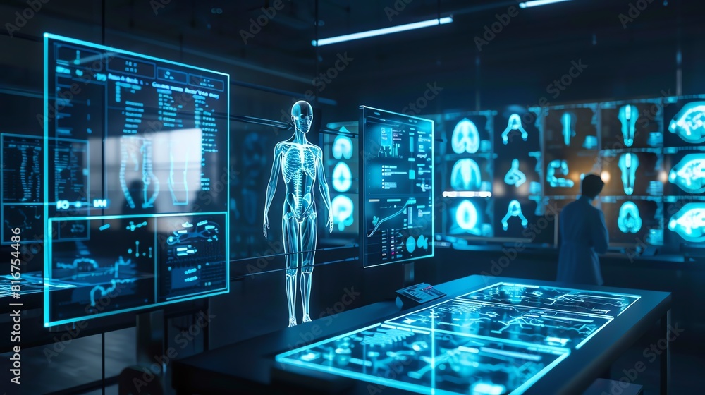 Poster a futuristic laboratory where advanced x-ray technology is being used to create 3d images of the hum