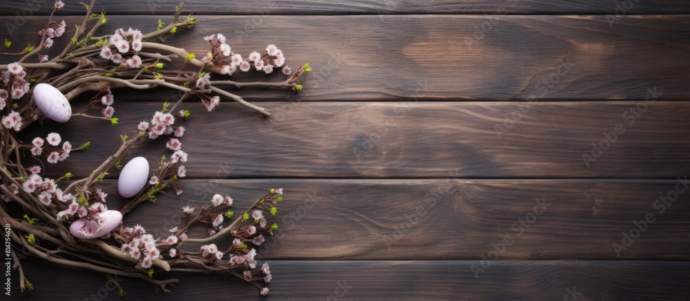Poster an aerial view of vintage wood adorned with willow branches and catkins this creates an easter backg