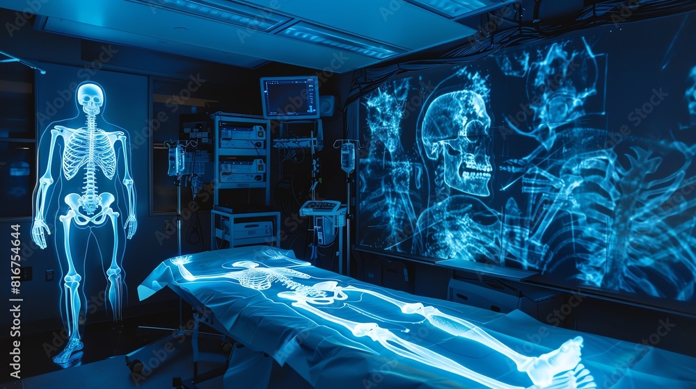 Poster a futuristic operating room where surgeons use 3d x-ray imaging to guide their procedure