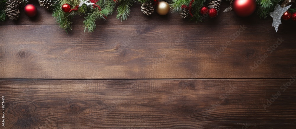 Poster on a wooden table there is a christmas fir tree adorned with ornaments a blank paper and a pair of t