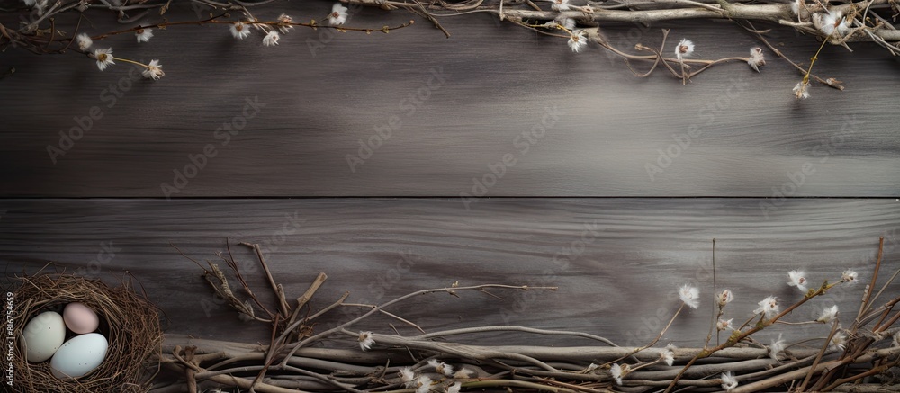 Aufkleber An aerial view of vintage wood adorned with willow branches and catkins This creates an Easter background layout with a free space for text. Copyspace image