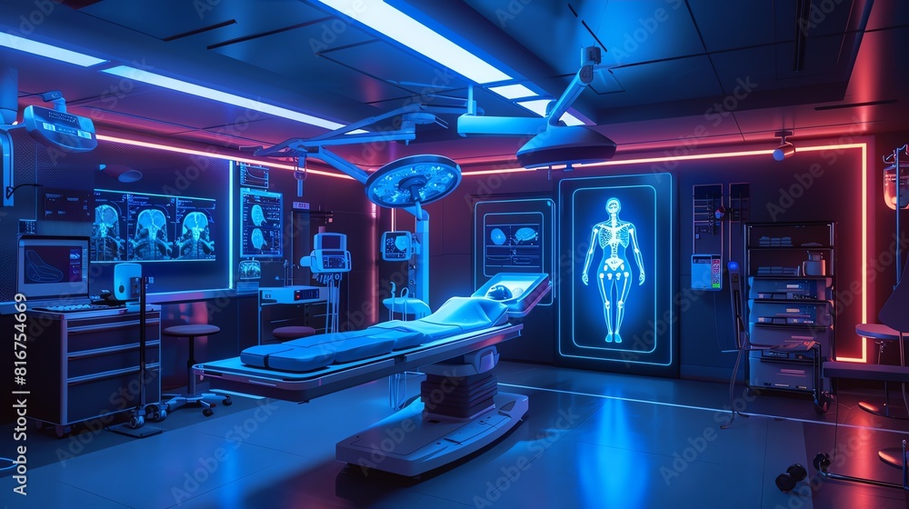Poster a futuristic operating room where surgeons use 3d x-ray imaging to guide their procedure