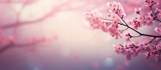 Fototapeta premium A beautiful springtime abstract background featuring a pink blossom tree and blooming spring flowers perfect for a copy space image