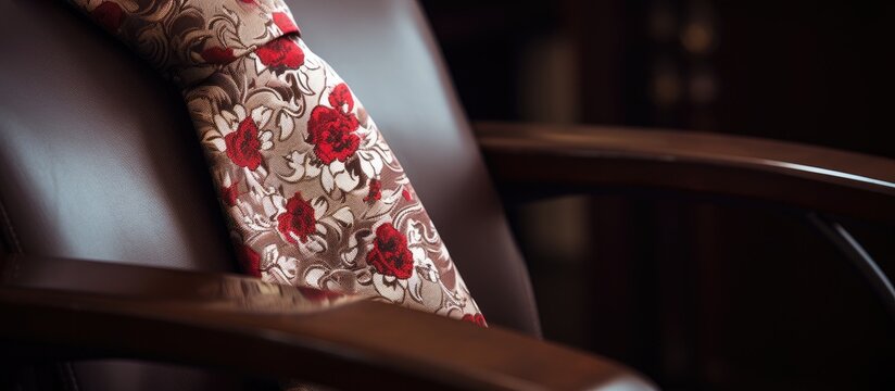 Closeup of a chair adorned with a fashionable necktie creating an appealing copy space image