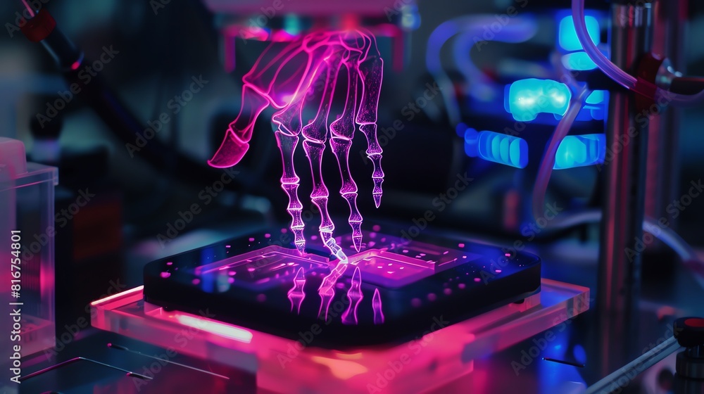 Poster a high-tech device capturing a 3d x-ray image of a person's hand, with the image displayed as a glow