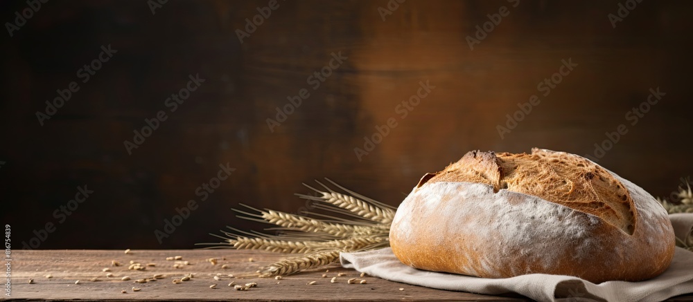 Poster Horizontal copy space image of a rustic homemade wheat bread displayed on a wooden background with a muted grey hue