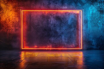 Obraz premium Glowing rectangular frame in concrete room with glowing blue and orange neon lights.