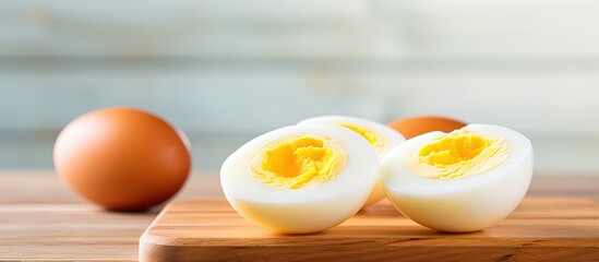 whole and sliced boiled eggs on a light wooden background closeup with copy space