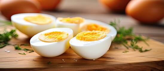 whole and sliced boiled eggs on a light wooden background closeup with copy space