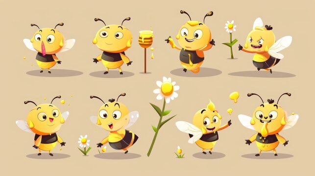 Honeybee emotion expression modern illustration. Cartoon character with honeycomb, stick and white flower set. Set of adorable bee insect icons.