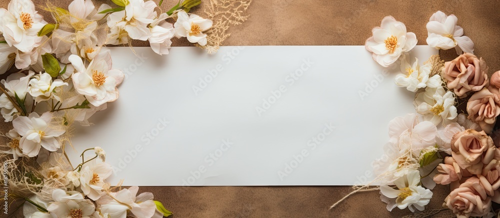 Aufkleber wedding concept with blank message and flowers on vintage background top view copy space image