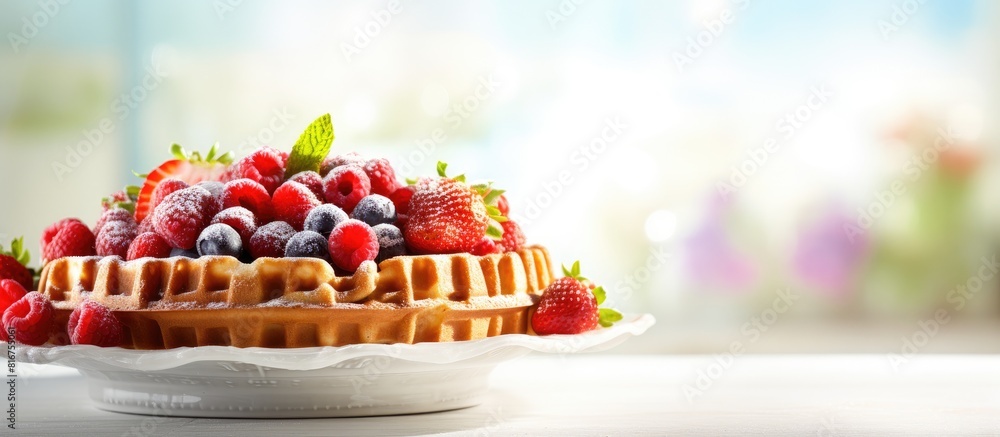 Poster homemade waffles on white table top view. copy space available