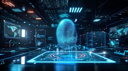 A high-tech office where a holographic 3D fingerprint scan is being processed in real-time via cloud computing