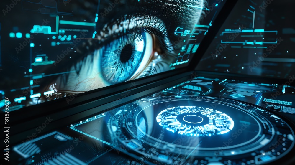 Poster A sleek biometric scanner in a futuristic setting, capturing a 3D image of an eye with neon blue iris patterns
