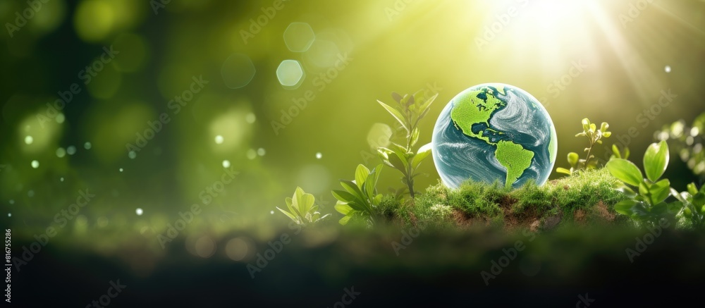 Fototapete abstract bokeh sunlight and tree background of nature in green color with world map. copy space avai