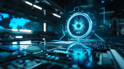 A sleek biometric scanner in a futuristic setting, capturing a 3D image of an eye with neon blue iris patterns