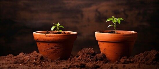 two empty terracotta growing pot lying on dark brown soil background. copy space available